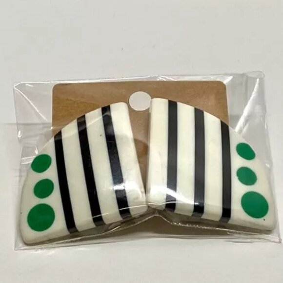 Retro Earrings Triangular White Blk Stripe Green Polka Dot Silver Tone Studs VTG - Picture 13 of 13